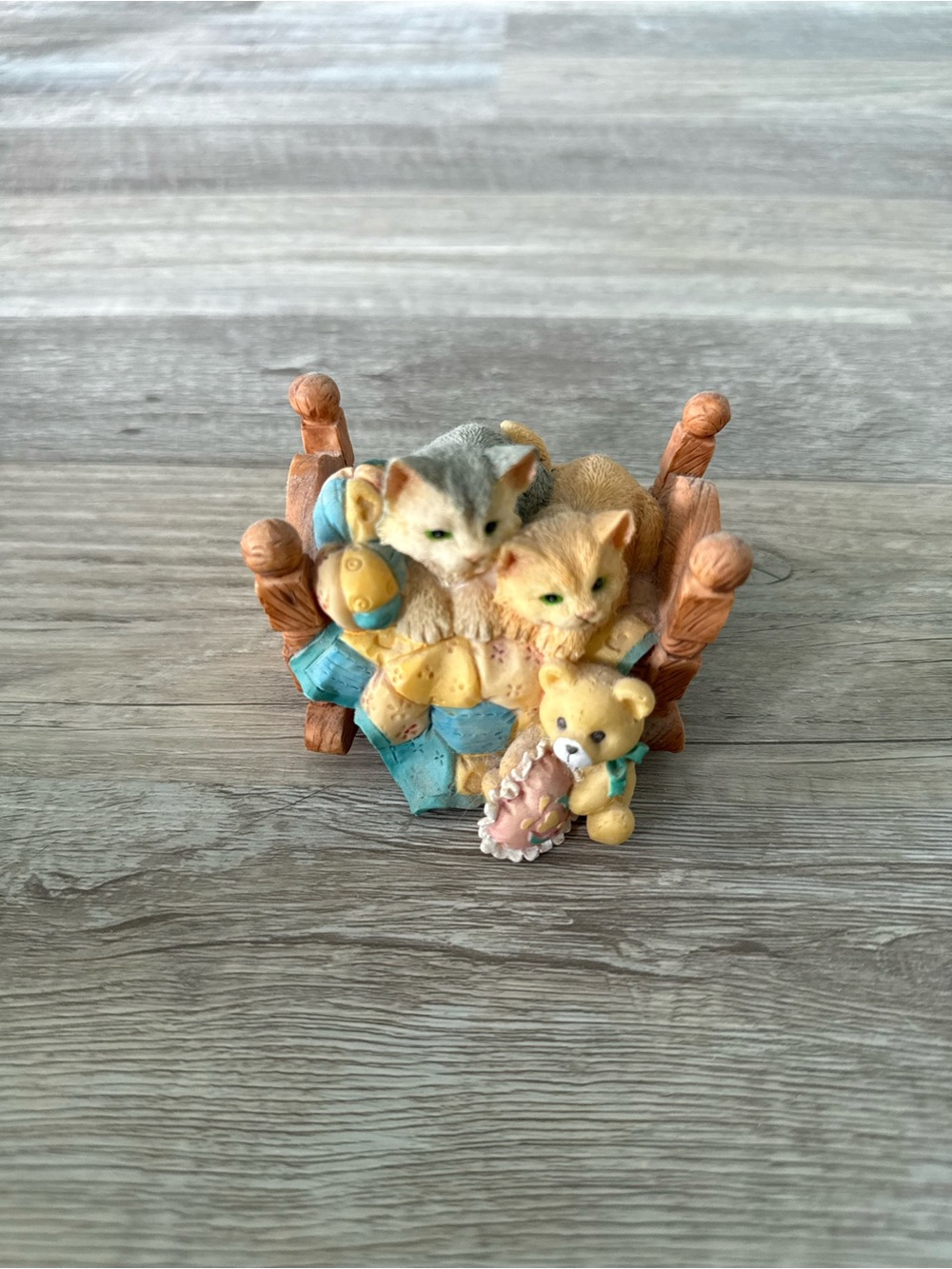Kittens & Teddy Decorative Figurine in Blue and Yellow